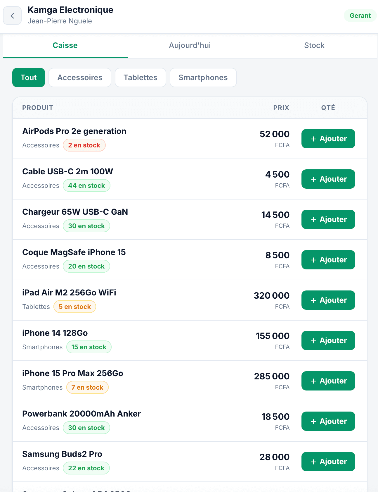 Interface de vente gerant BoutiquePilot : selection produits et panier