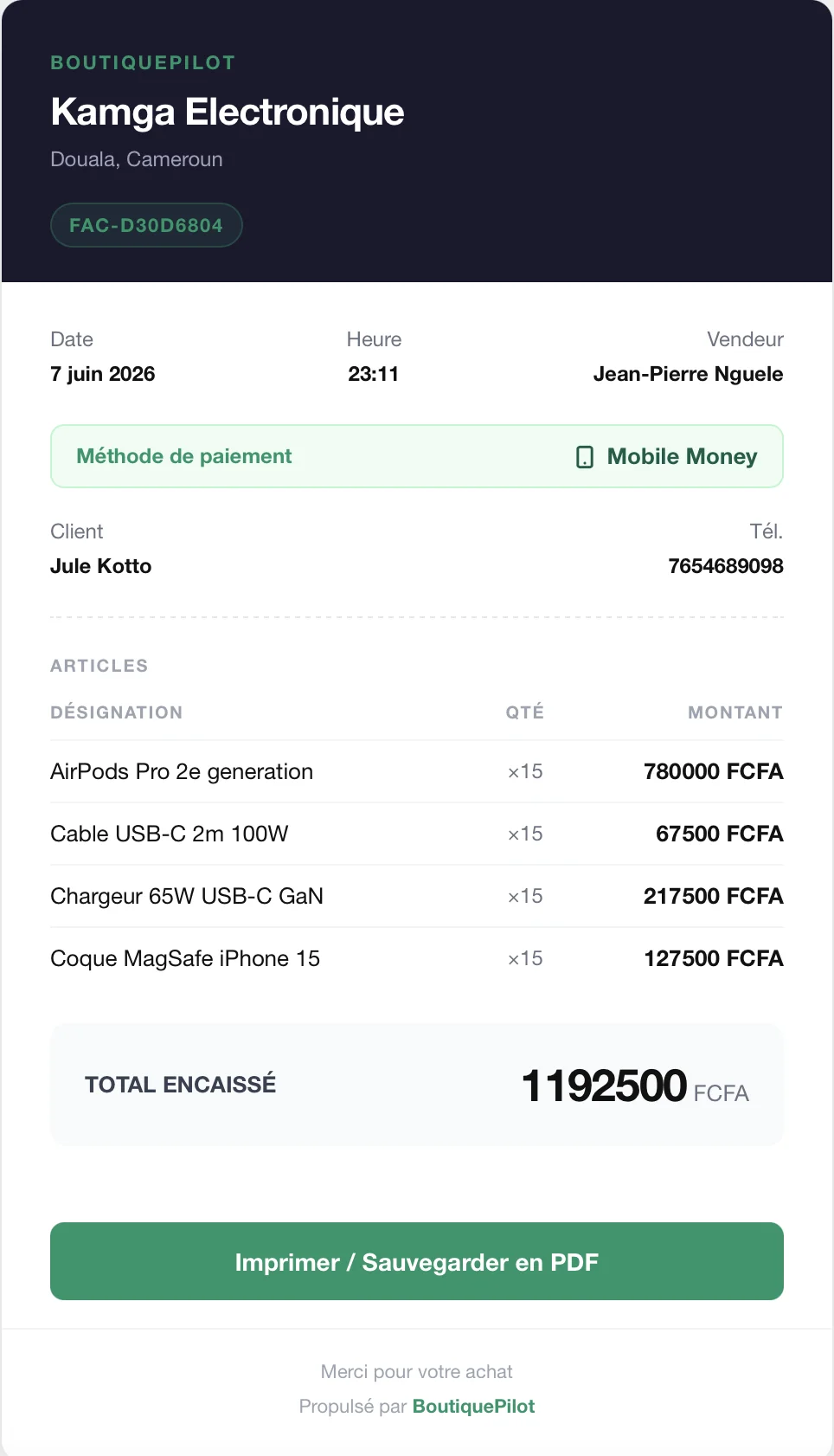 Exemple de facture PDF générée automatiquement par BoutiquePilot